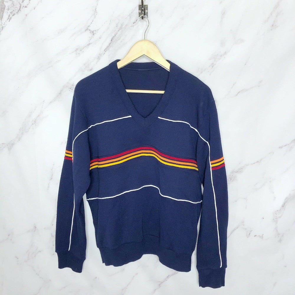 Vintage 70s Navy Rainbow Stripe V Neck Sweater